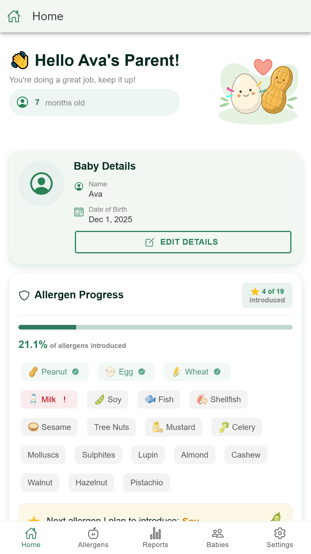 Home screen showing daily allergen introductions